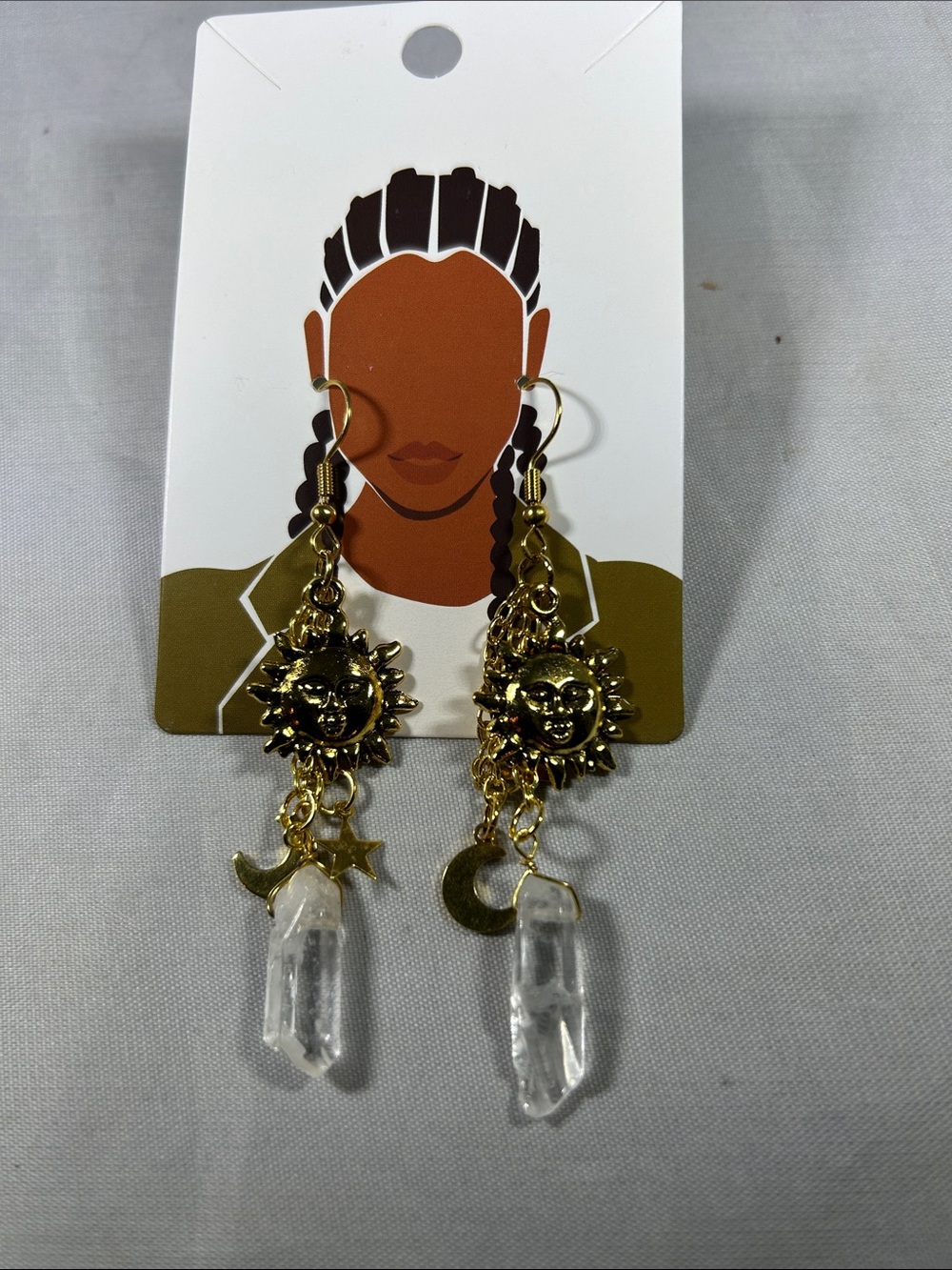 Gold Sun & Moon Crystal Drop Earrings with Clear Quartz